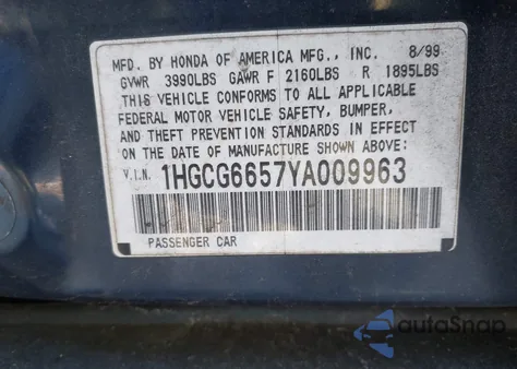 2000 Honda Accord 2.3 Lx z USA, uszkodzony, nr VIN 1HGCG6657YA009963